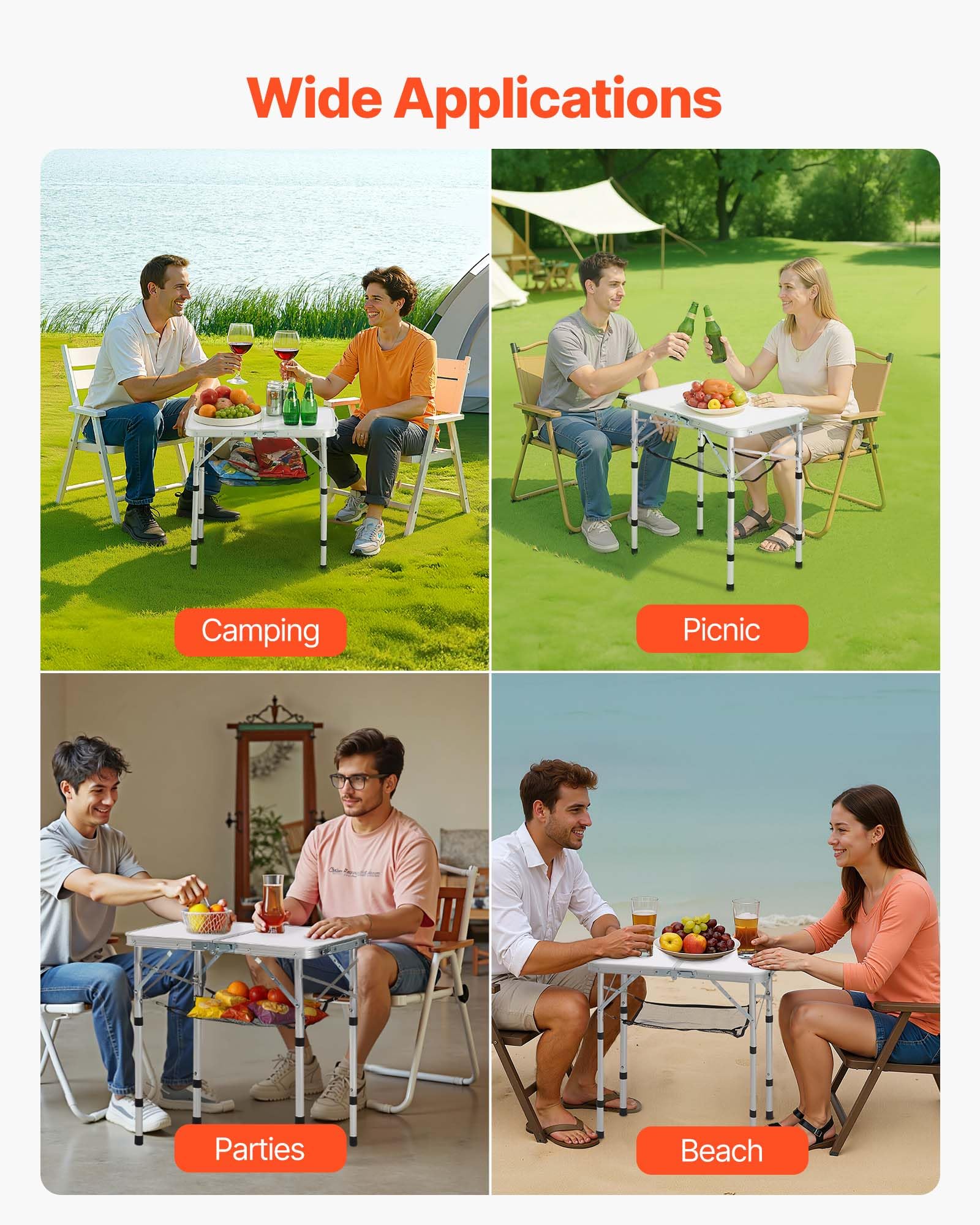 VEVOR folding camping table no-assembly design for quick outdoor setup.