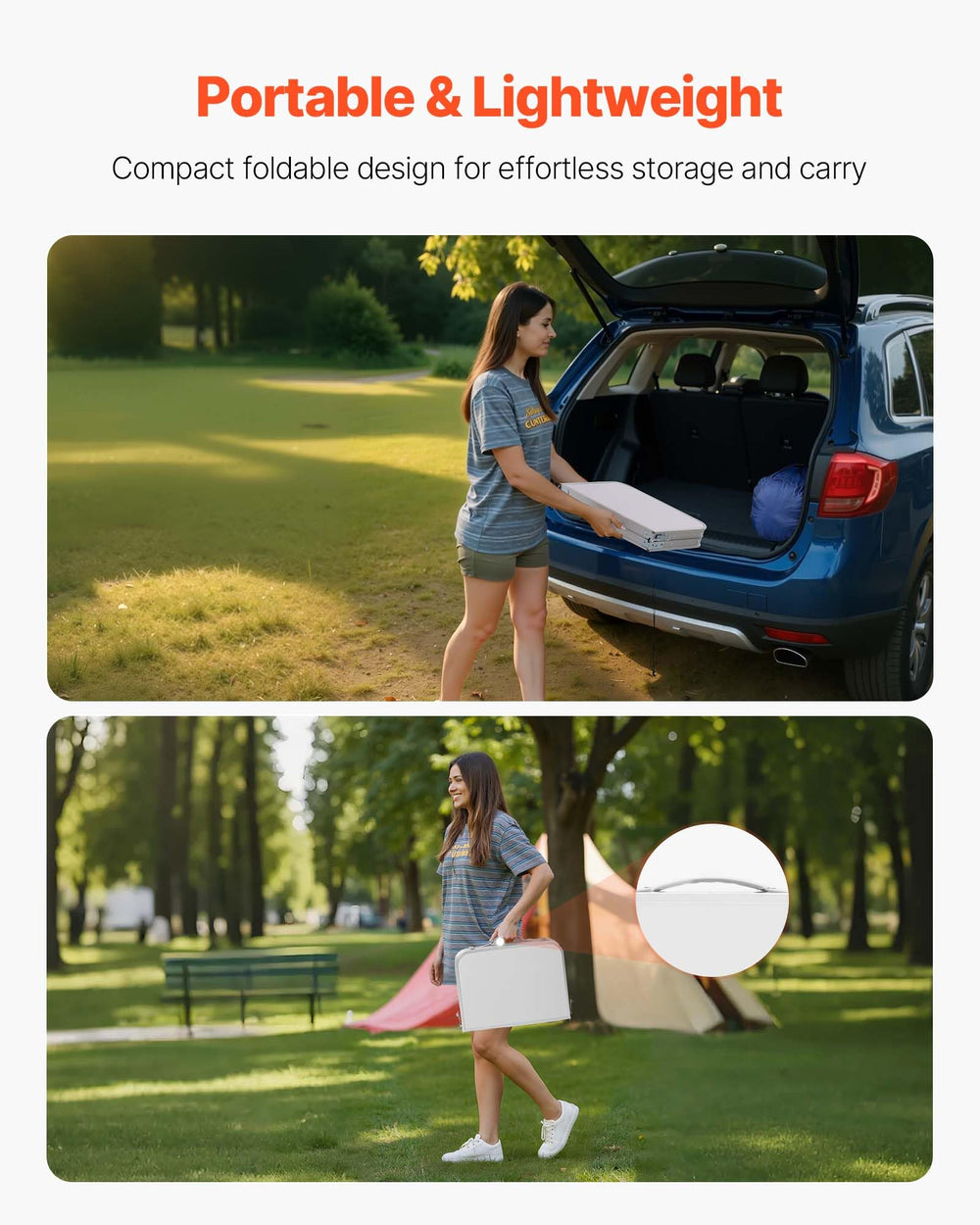 VEVOR folding camping table non-slip feet protect floors on outdoor surfaces.