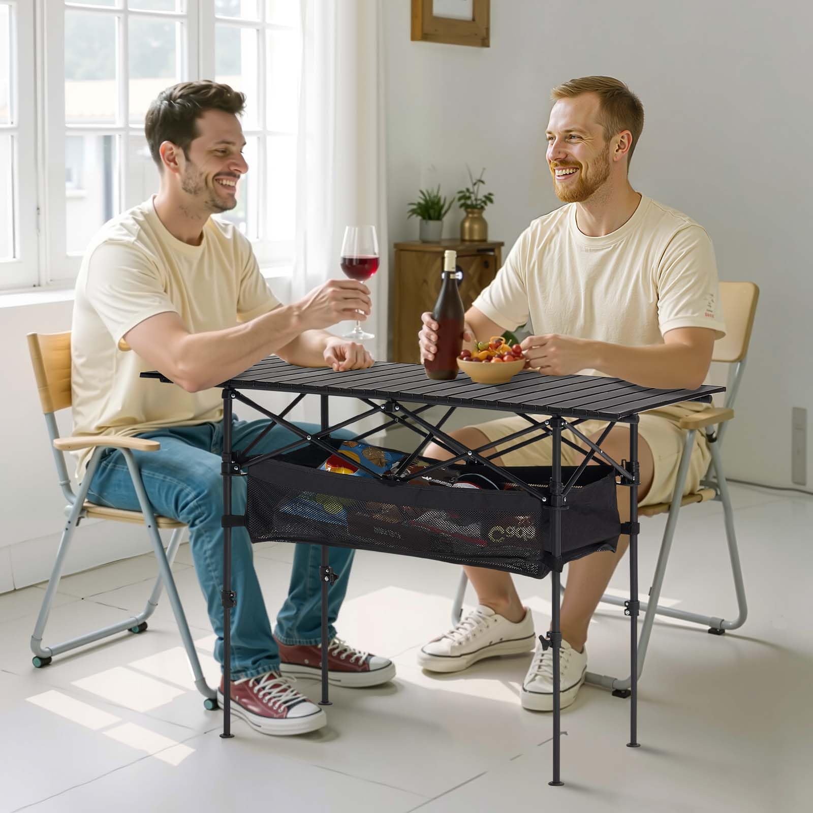 VEVOR folding camping table rolled in bag for easy transport and storage.