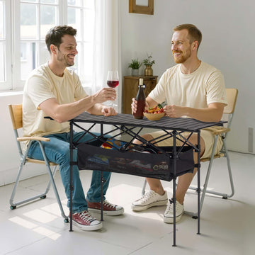 VEVOR folding camping table rolled in bag for easy transport and storage.