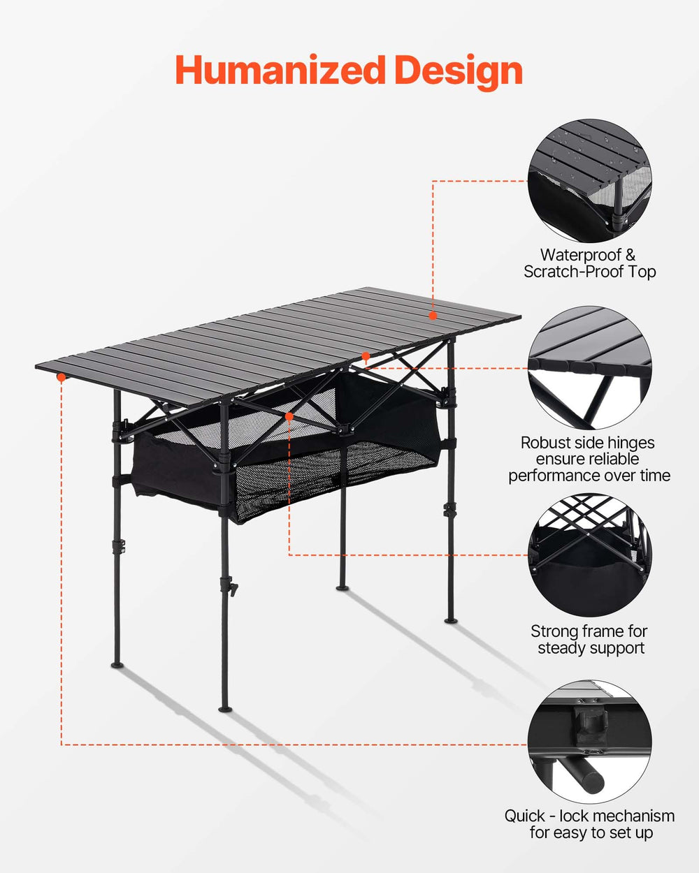 VEVOR folding camping table smooth surface resists scratches for easy cleaning.