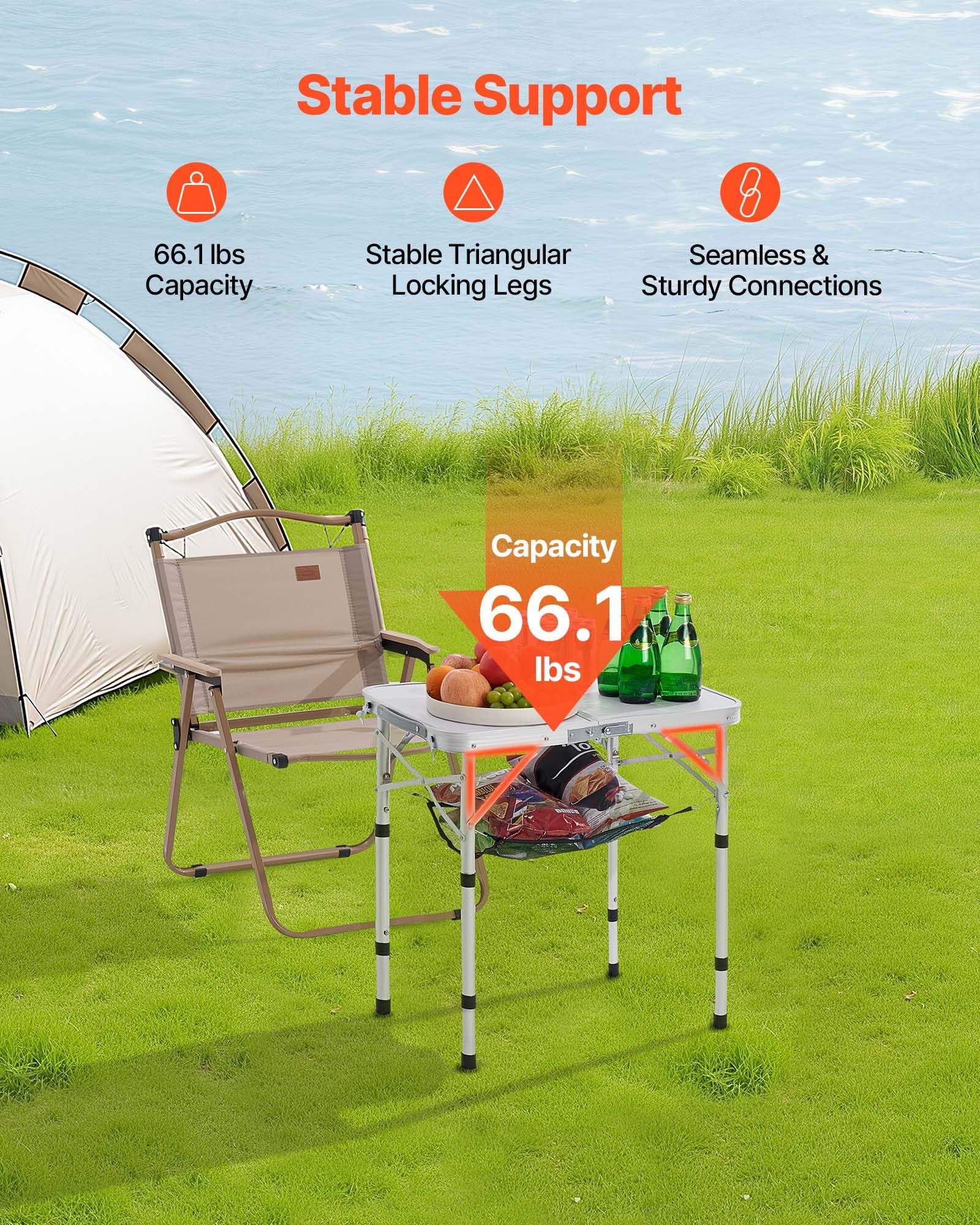 VEVOR folding camping table steel cross structure provides sturdy support.