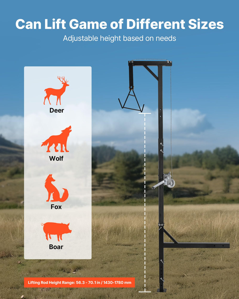 Includes gambrel winch for skinning and cleaning game