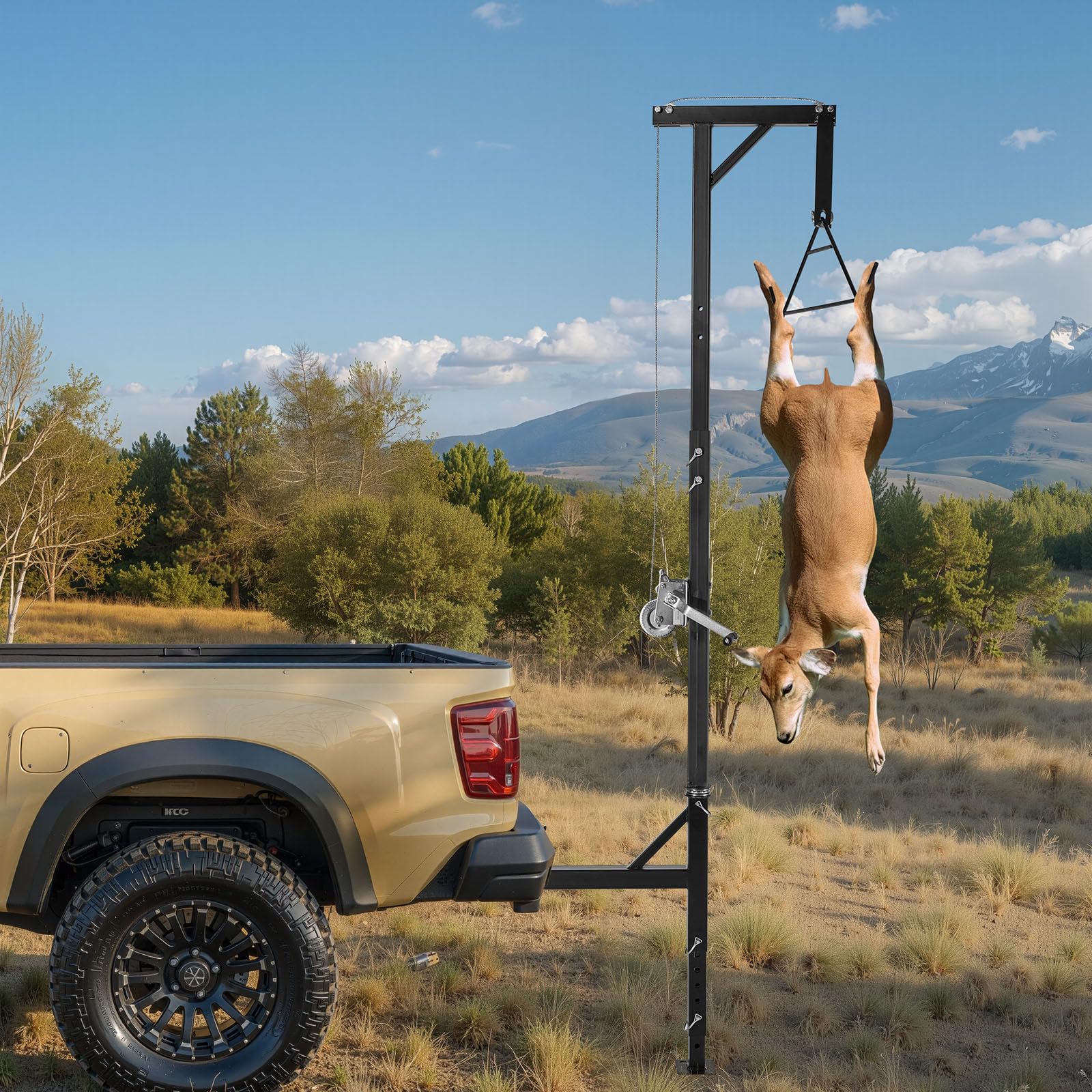 Hand crank winch, rope, and hook included