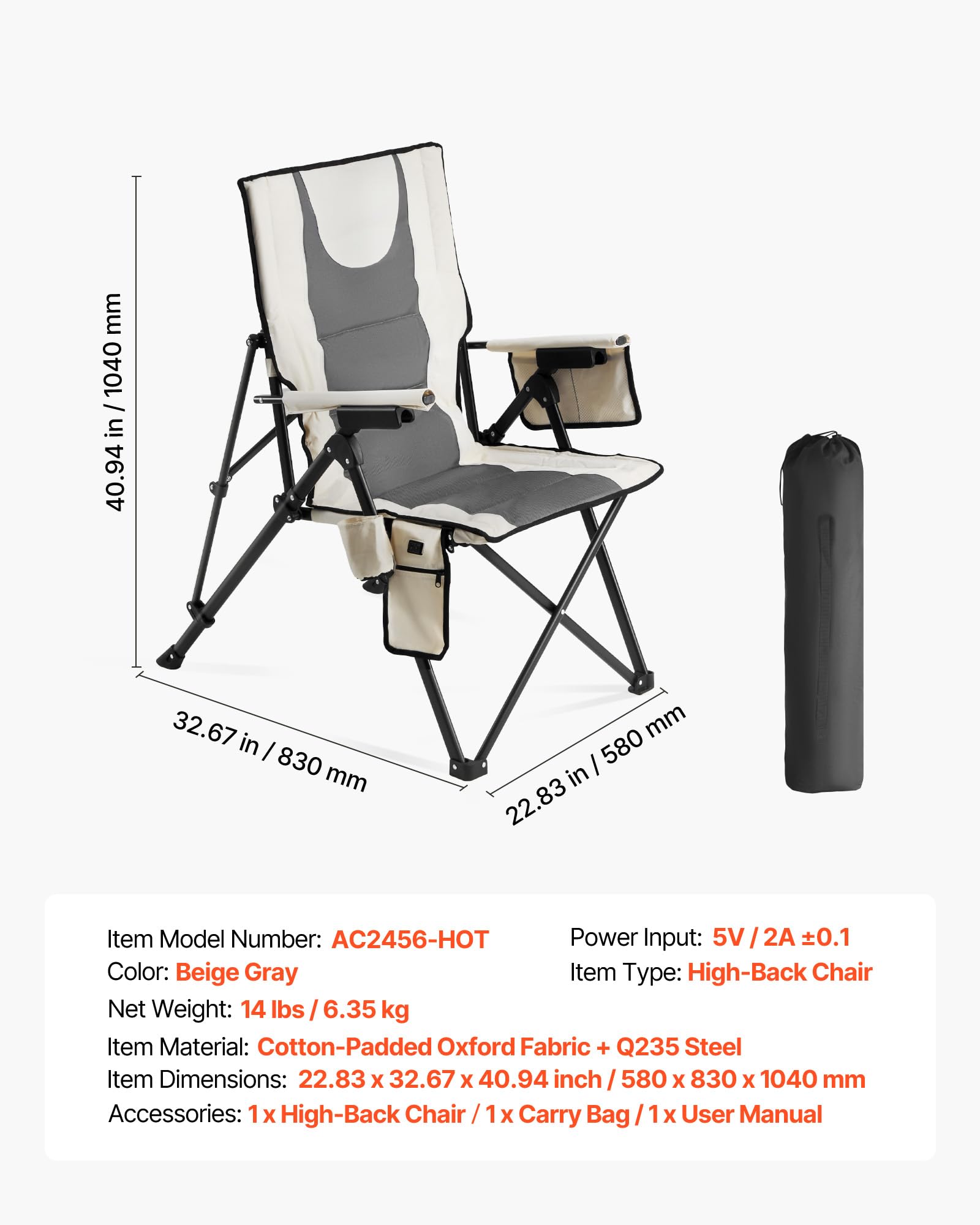 VEVOR heated camping chair full pad back and seat for cushioned comfort