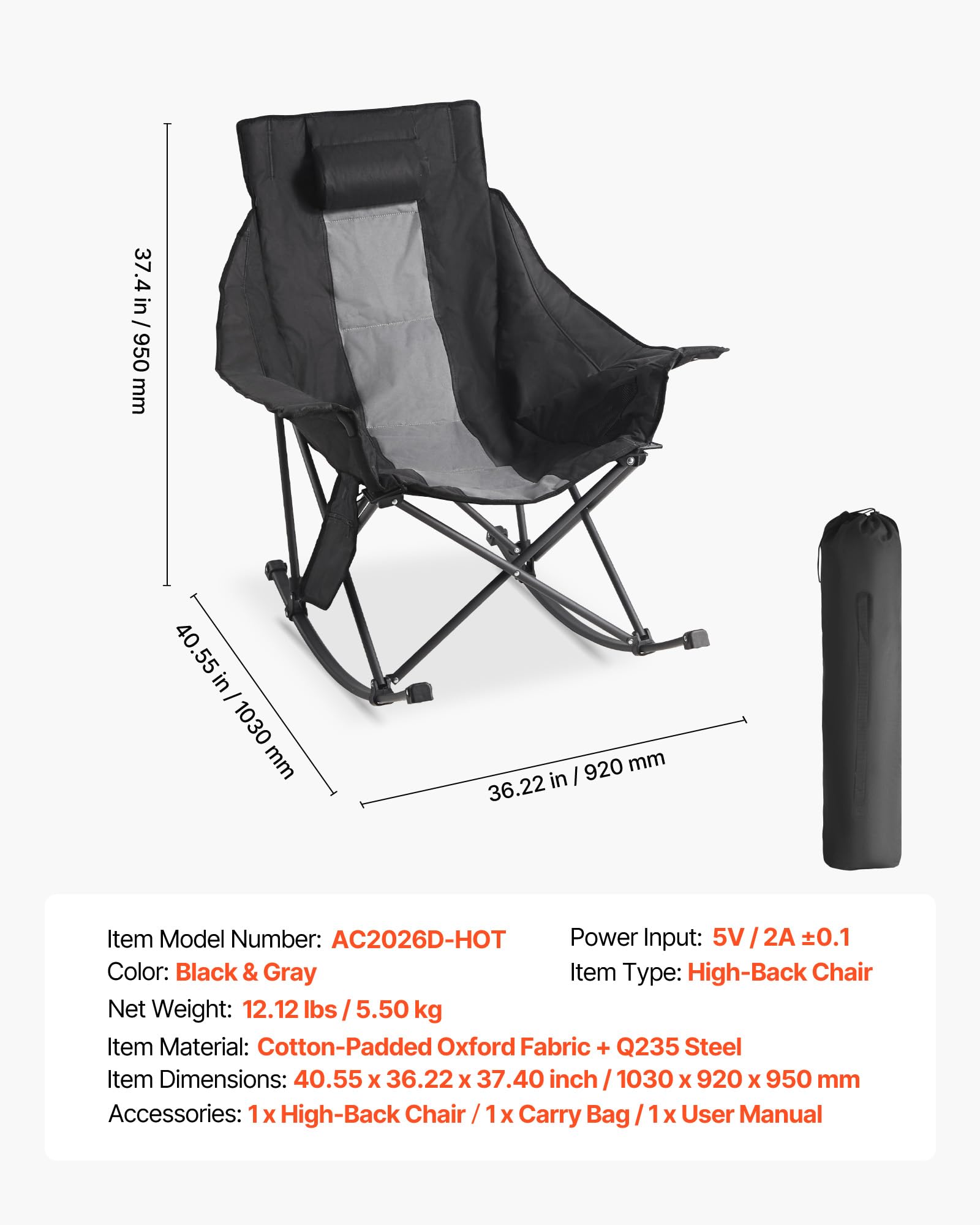 VEVOR heated camping chair comes with a compact storage bag for transport.