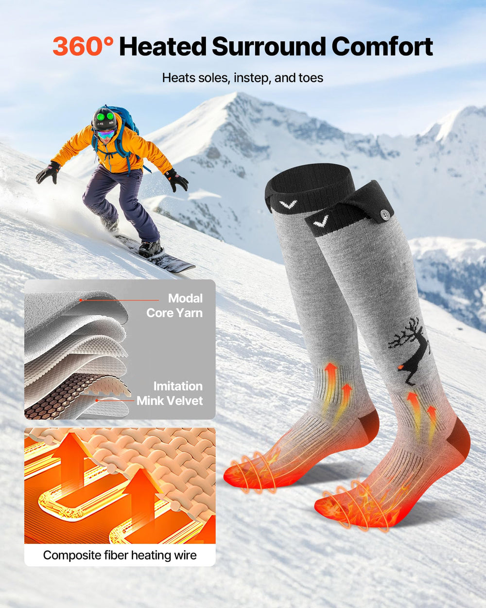 VEVOR Heated Socks provide 360-degree warmth around toes and soles.