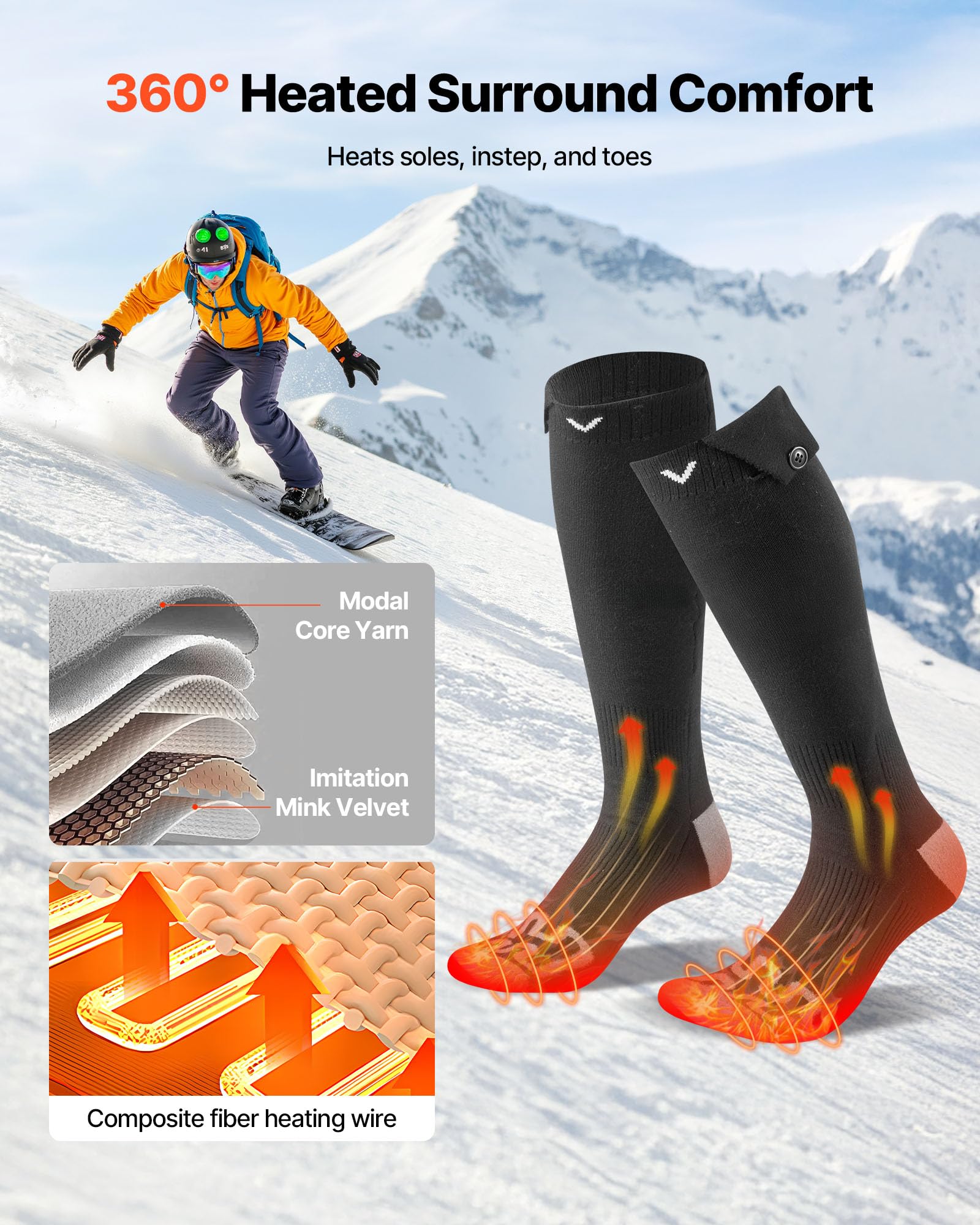 Toes, soles, and tops heated evenly for all-day comfort in cold weather.
