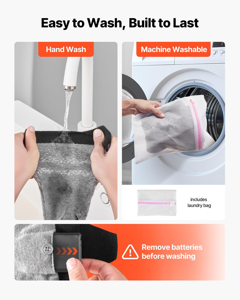 VEVOR Heated Socks are machine washable with a protective laundry bag.