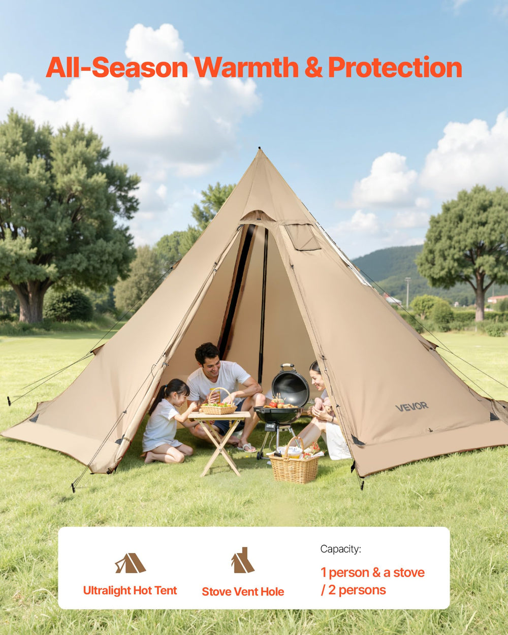 Spacious VEVOR hot tent interior for group camping and cooking