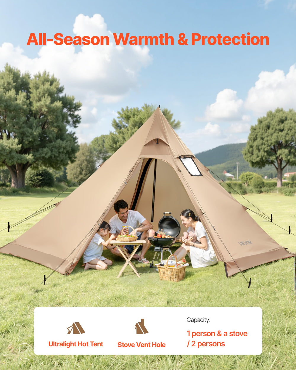 VEVOR hot tent stove jack close-up highlighting year-round cooking capability.