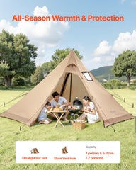 VEVOR hot tent stove jack close-up highlighting year-round cooking capability.