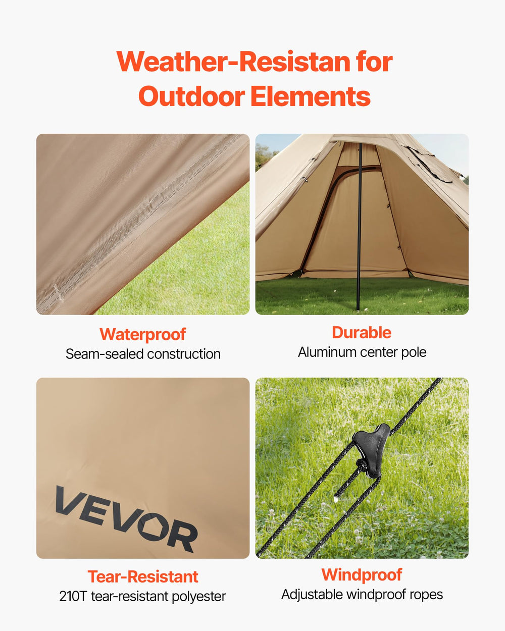 VEVOR hot tent fabric with PU2500mm waterproof rating keeps you dry.