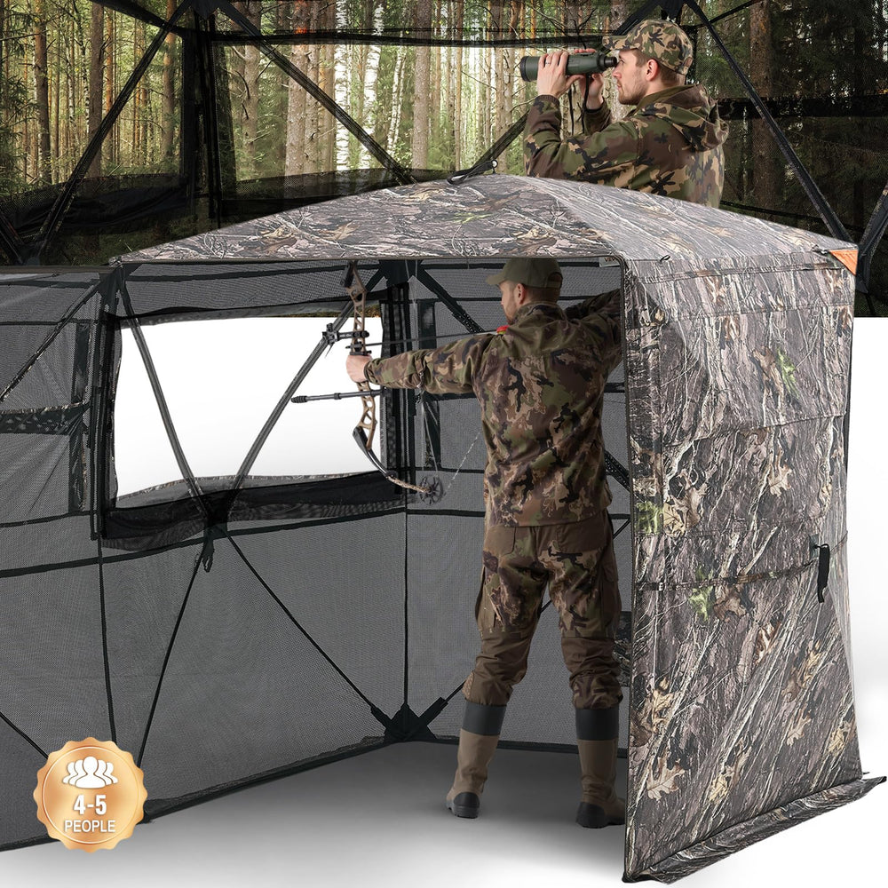 VEVOR hunting blind interior shows spacious 4–5 person setup for concealment.