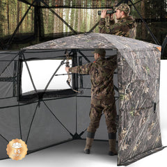 VEVOR hunting blind interior shows spacious 4–5 person setup for concealment.
