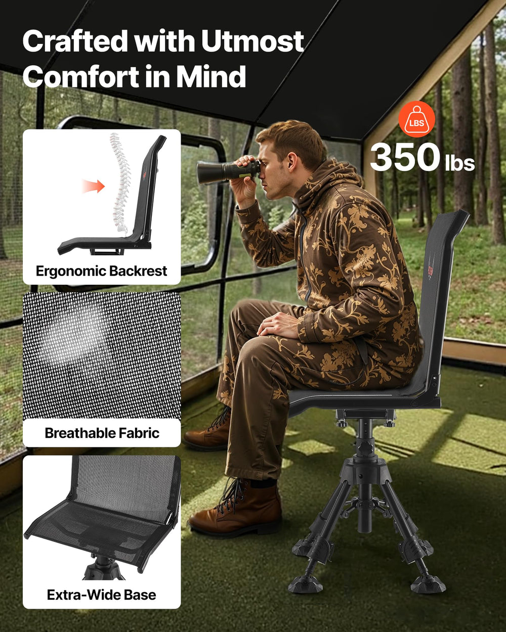 VEVOR anti-sink feet help keep the chair steady on soft ground.