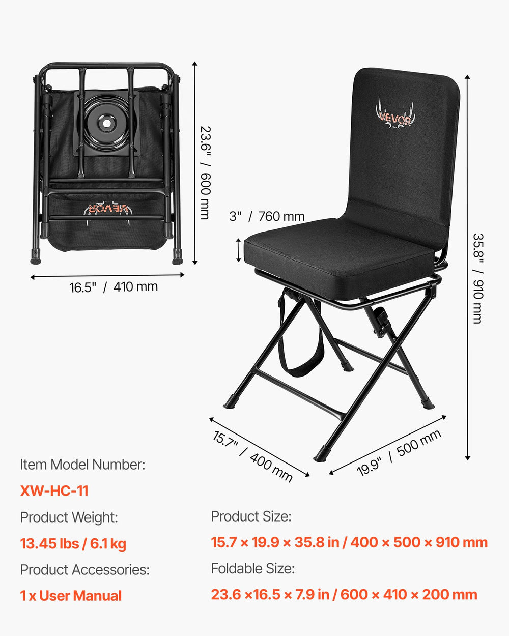 Folded VEVOR chair compactly with adjustable shoulder strap for easy transport