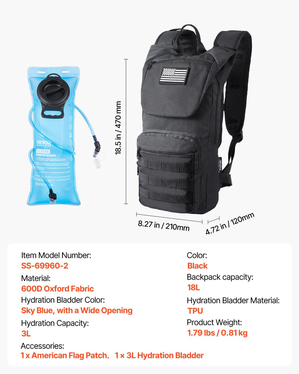 VEVOR hydration backpack breathable back padding increases comfort