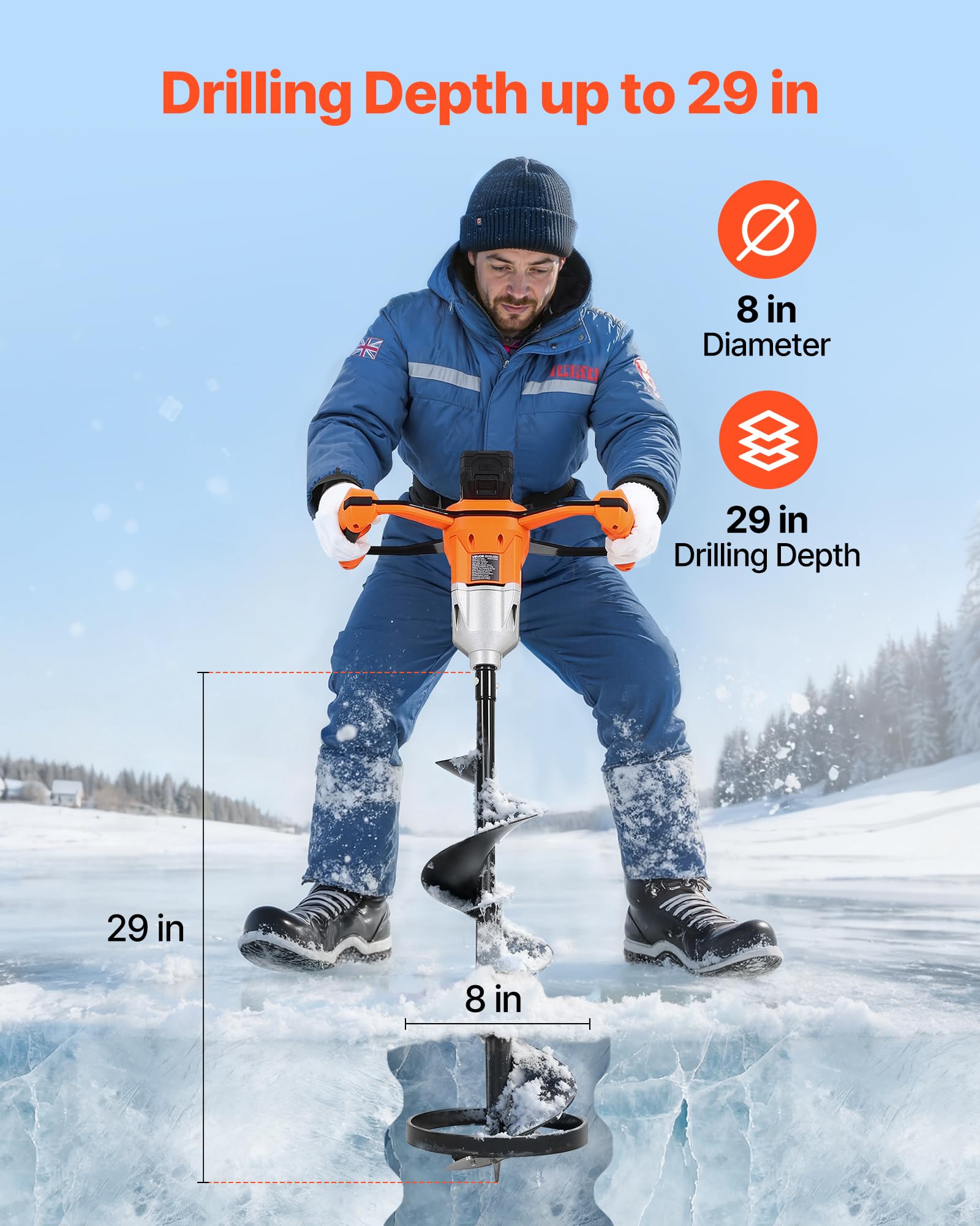 VEVOR ice auger 20V battery included enables dependable cold-weather operation.