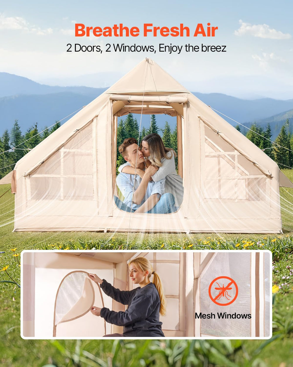 VEVOR tent offers two doors and mesh windows for ventilation and airflow