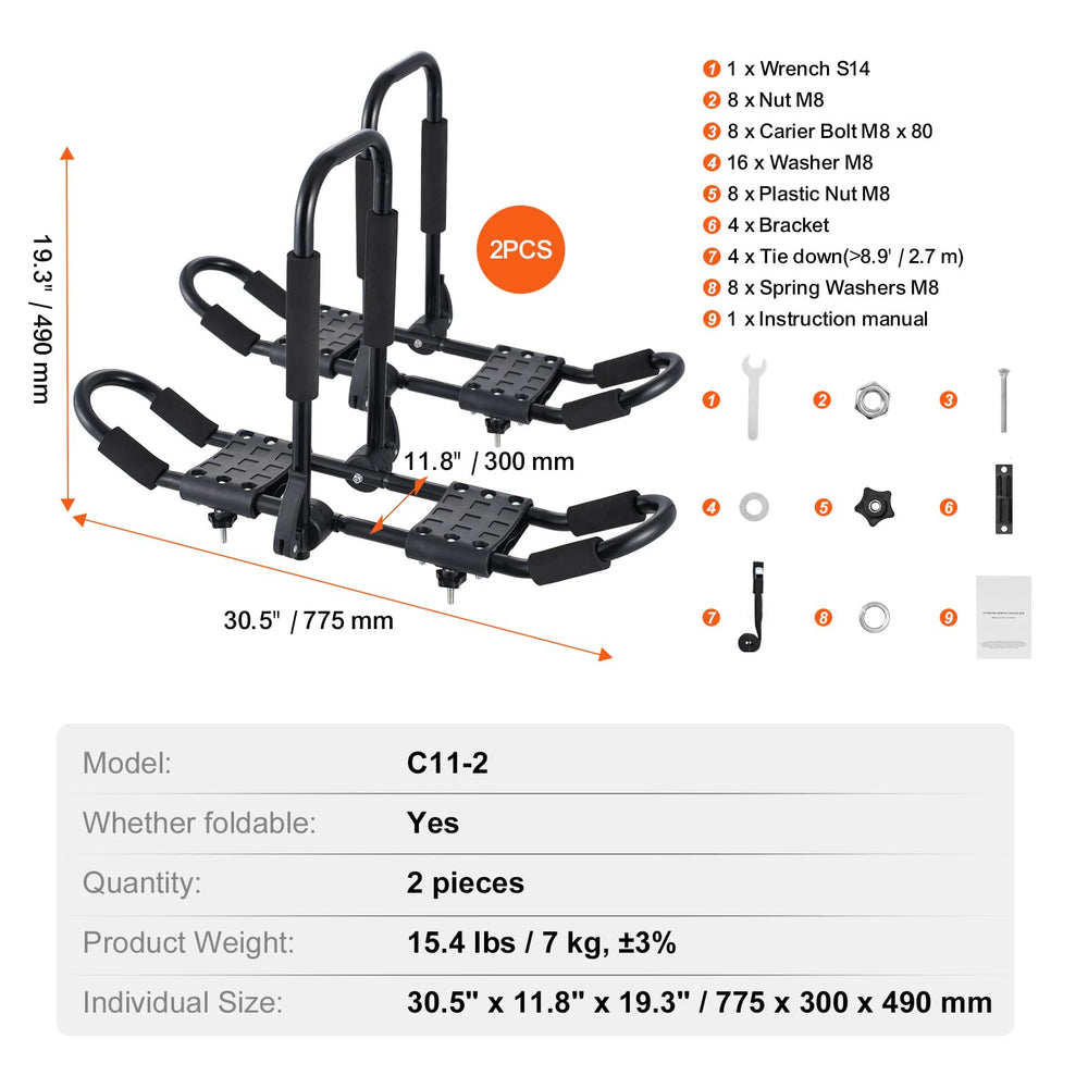 VEVOR Kayak Roof Rack multi-use design supports kayak, surfboard, or ski board.