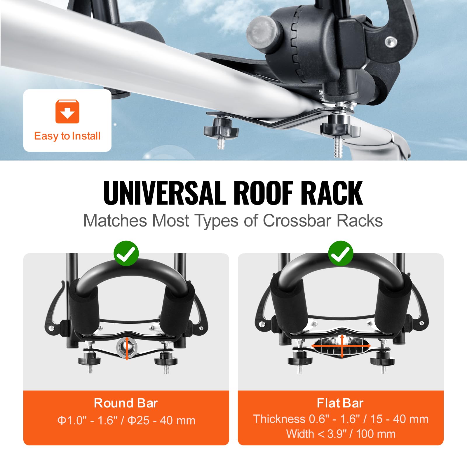 VEVOR Kayak Roof Rack universal installation fits most roof bars for easy setup.