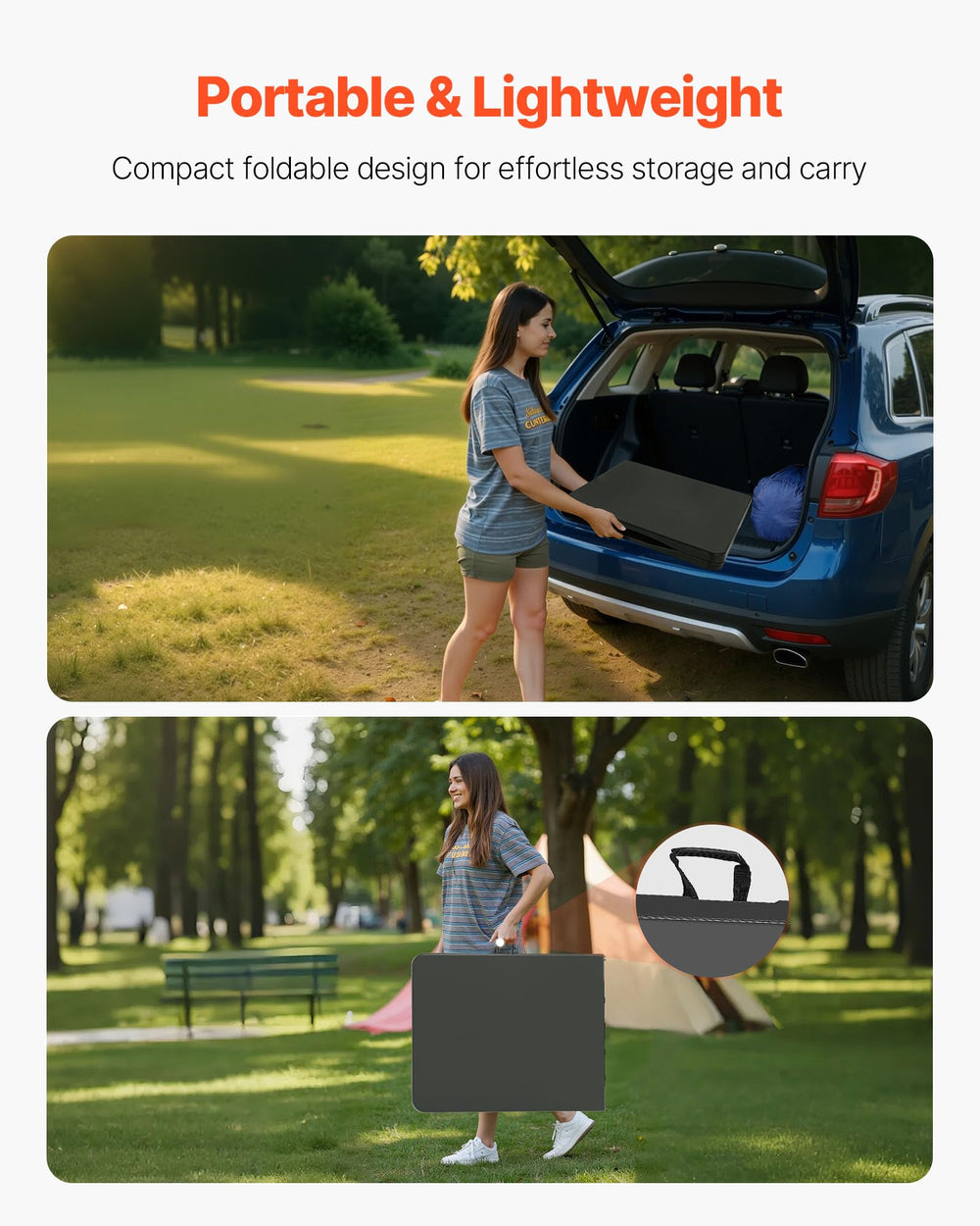VEVOR lightweight folding table stored compactly for car trunk storage.