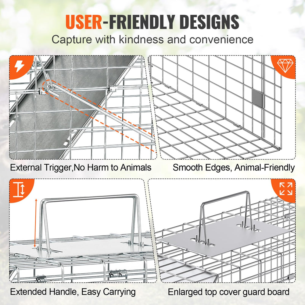 VEVOR Live Animal Cage Trap open state illustrating folding design and space inside