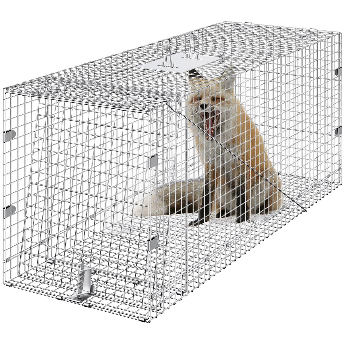 VEVOR live animal cage trap front view shows a sturdy galvanized frame ready for transport