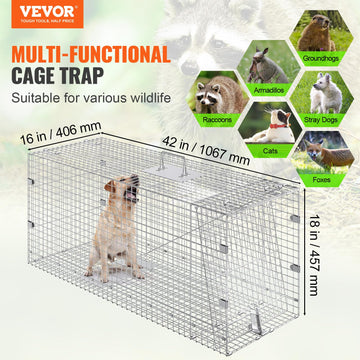 VEVOR live animal cage trap side view highlights folding design for easy storage