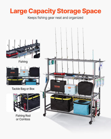 VEVOR mobile fishing pole rack with wheels for effortless repositioning around the workspace.