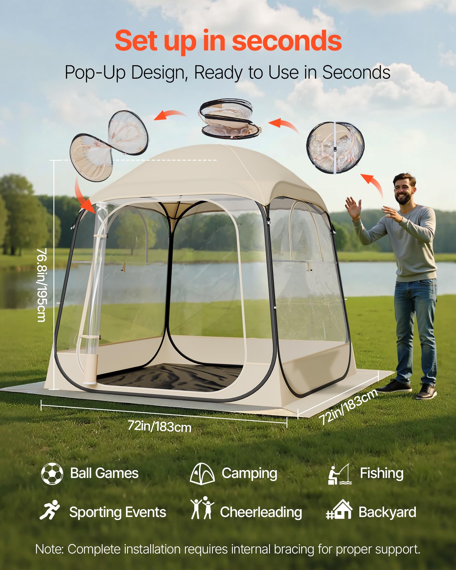 VEVOR Pop Up Sports Tent interior clear dome for bright visibility.