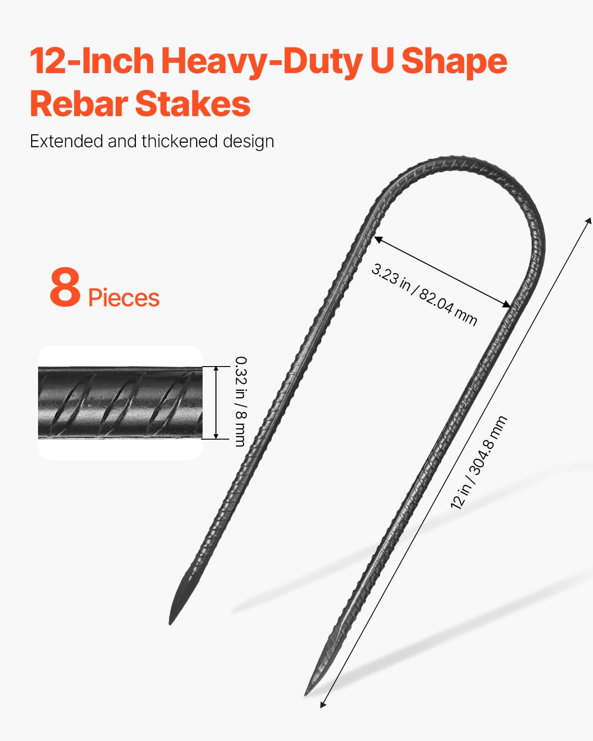 VEVOR rebar stake showing 0-32-inch diameter for strength on tough ground.