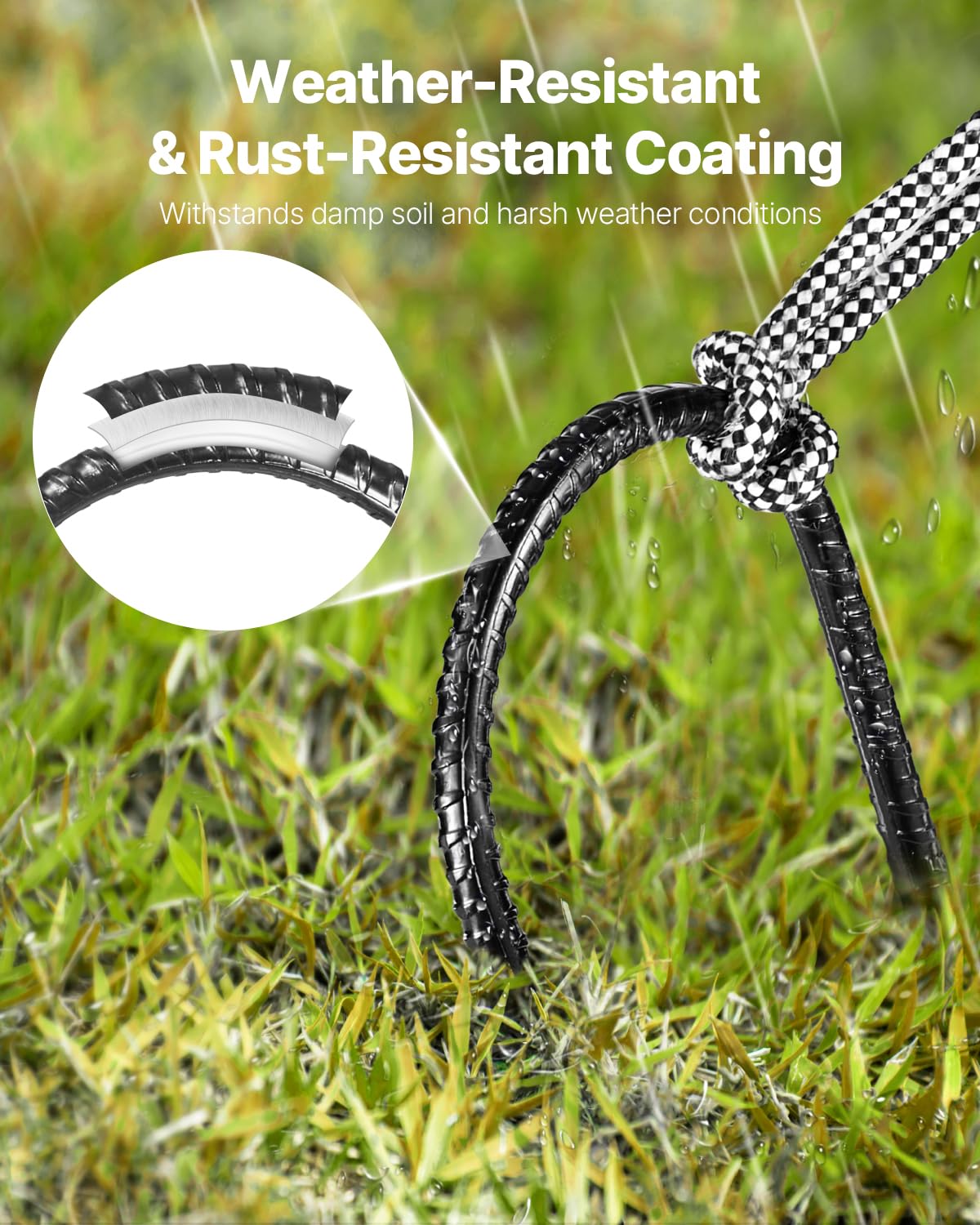 VEVOR rebar stake with black coating for corrosion resistance in damp environments.
