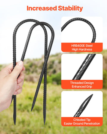 VEVOR rebar stake with 60-degree chisel tip facilitates penetration into rocky soil.