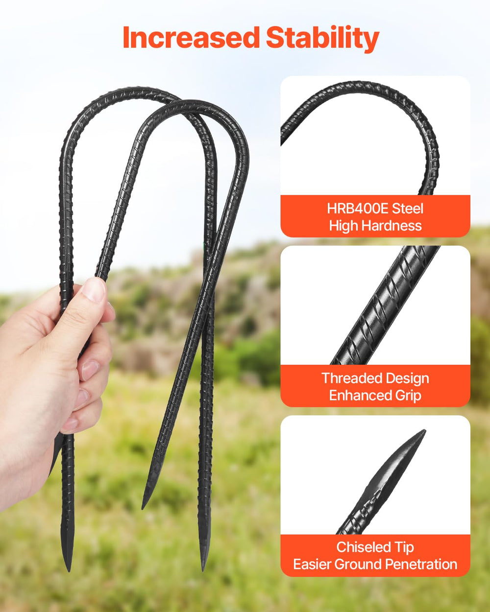 VEVOR rebar stake with 60-degree chisel tip facilitates penetration into rocky soil.