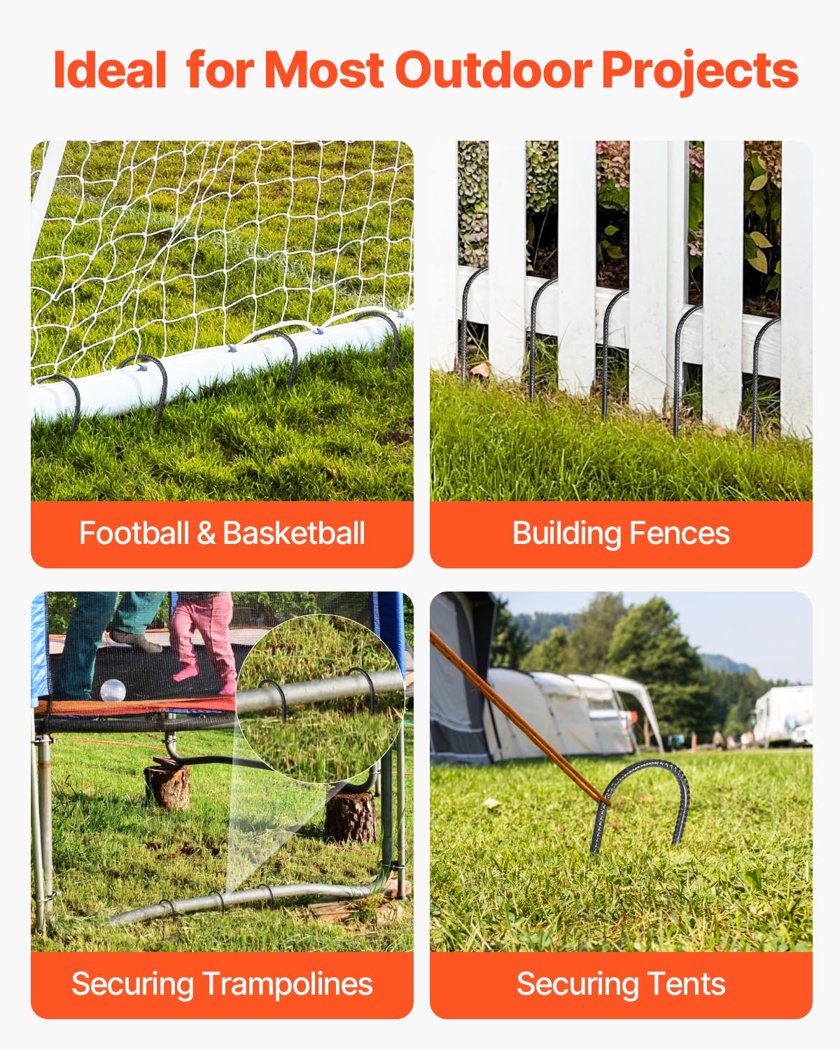 VEVOR rebar stake securing a tent on grass or sand.