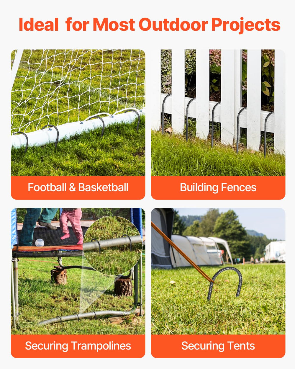VEVOR rebar stake securing a tent on grass or sand.