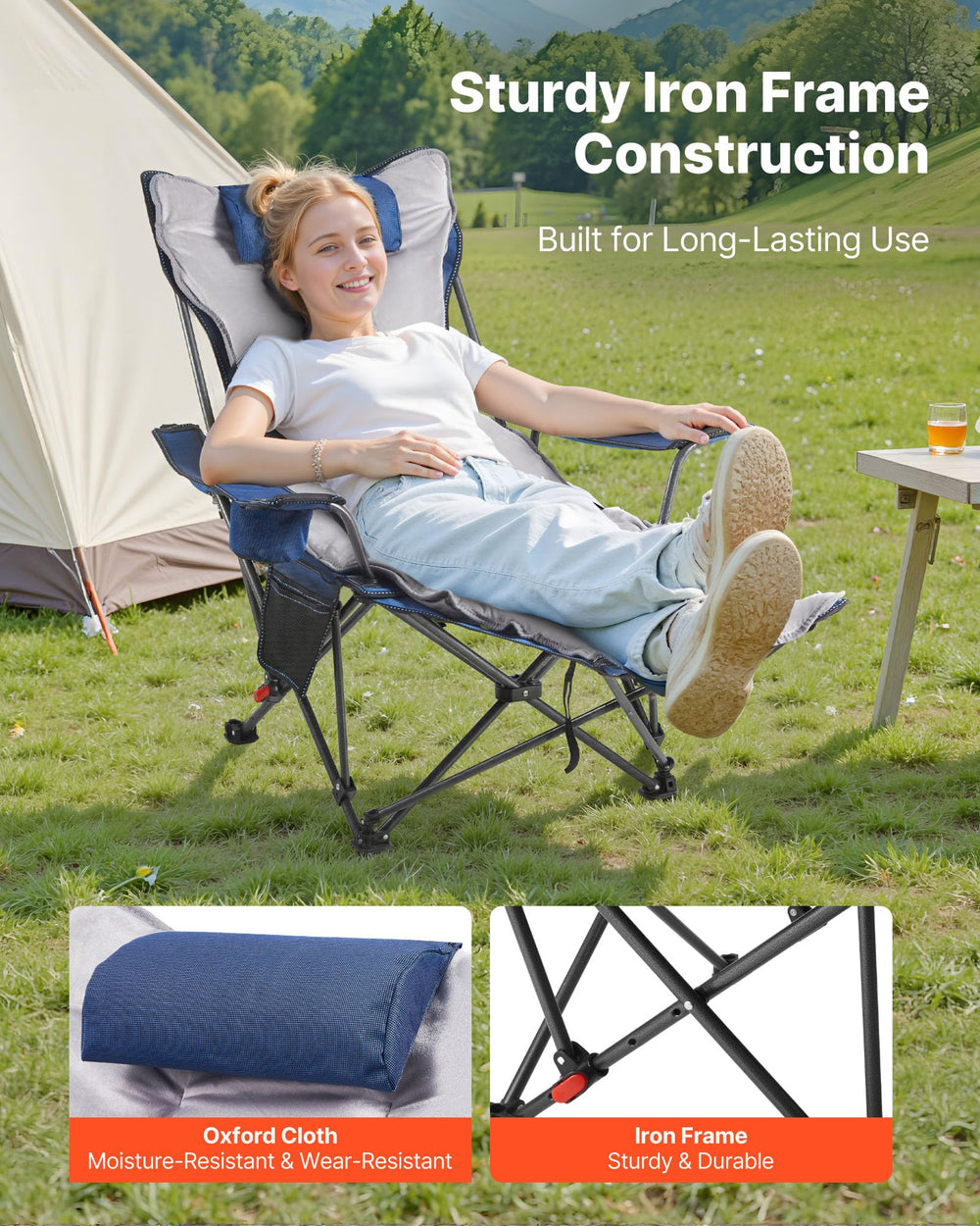 VEVOR reclining camping chair adjustable angles for versatile seating.