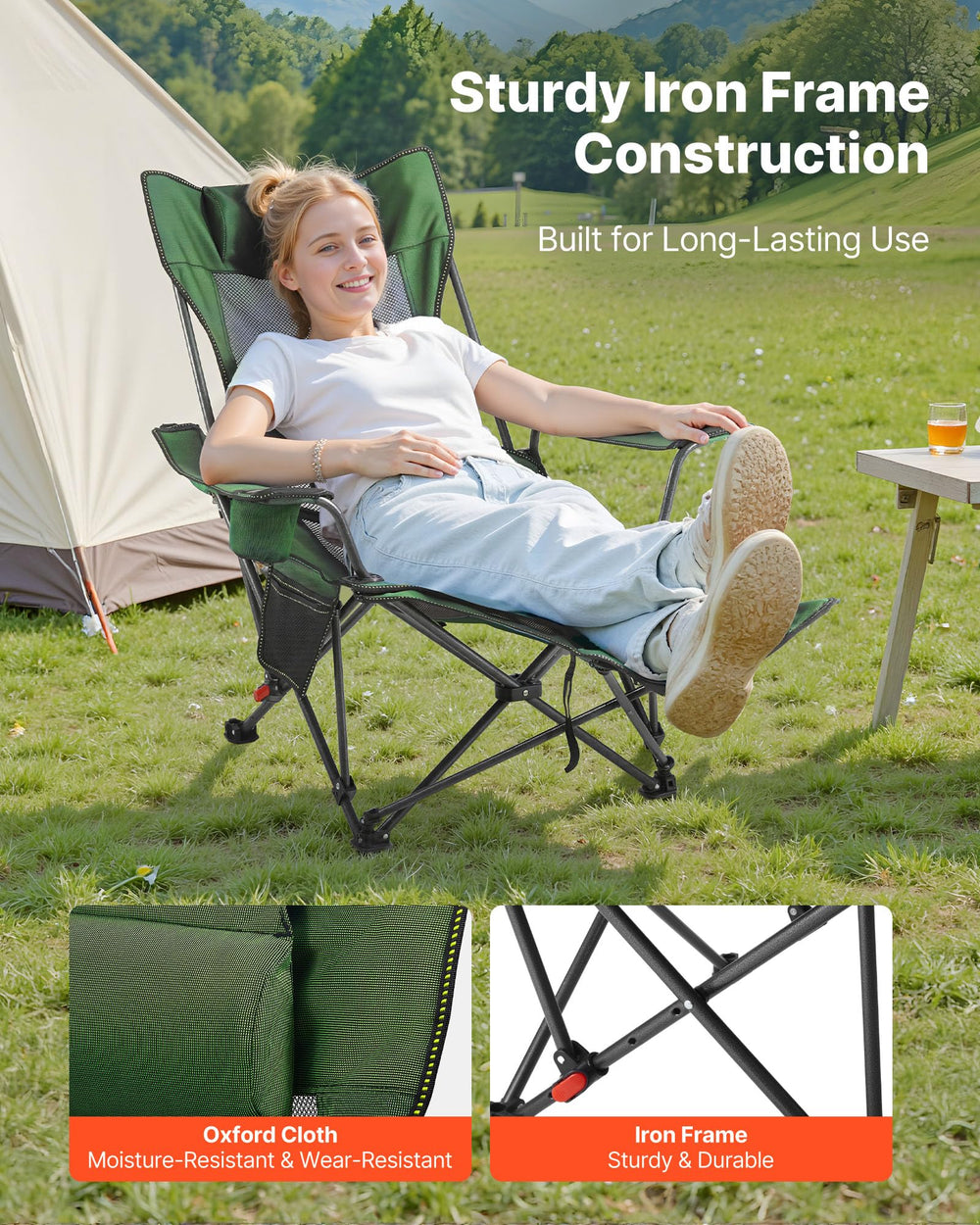 VEVOR folding camping chair folded compact for easy transport and storage.