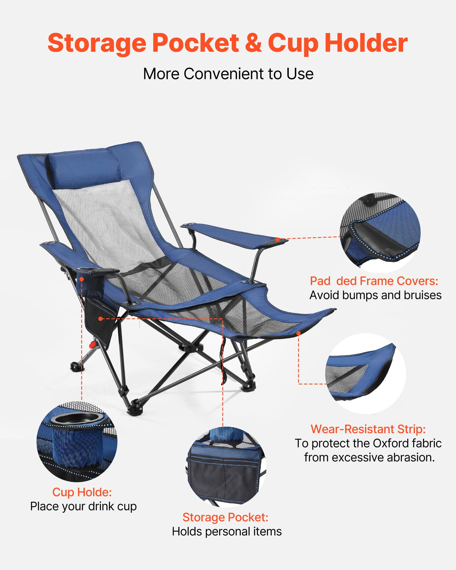 VEVOR reclining camping chair mesh back promotes airflow comfort.