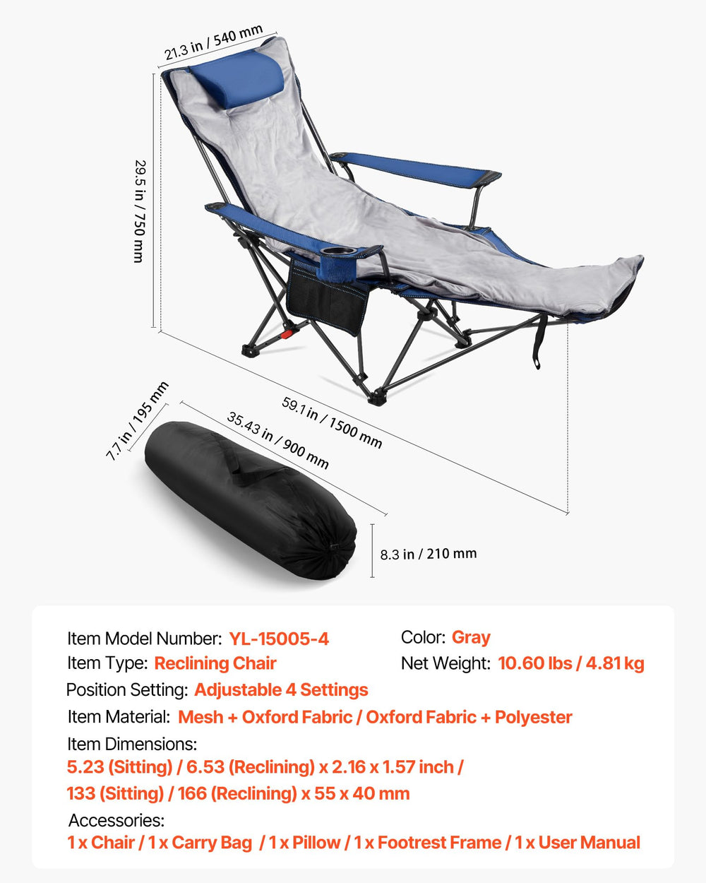 VEVOR reclining camping chair plush cushion enhances comfort.