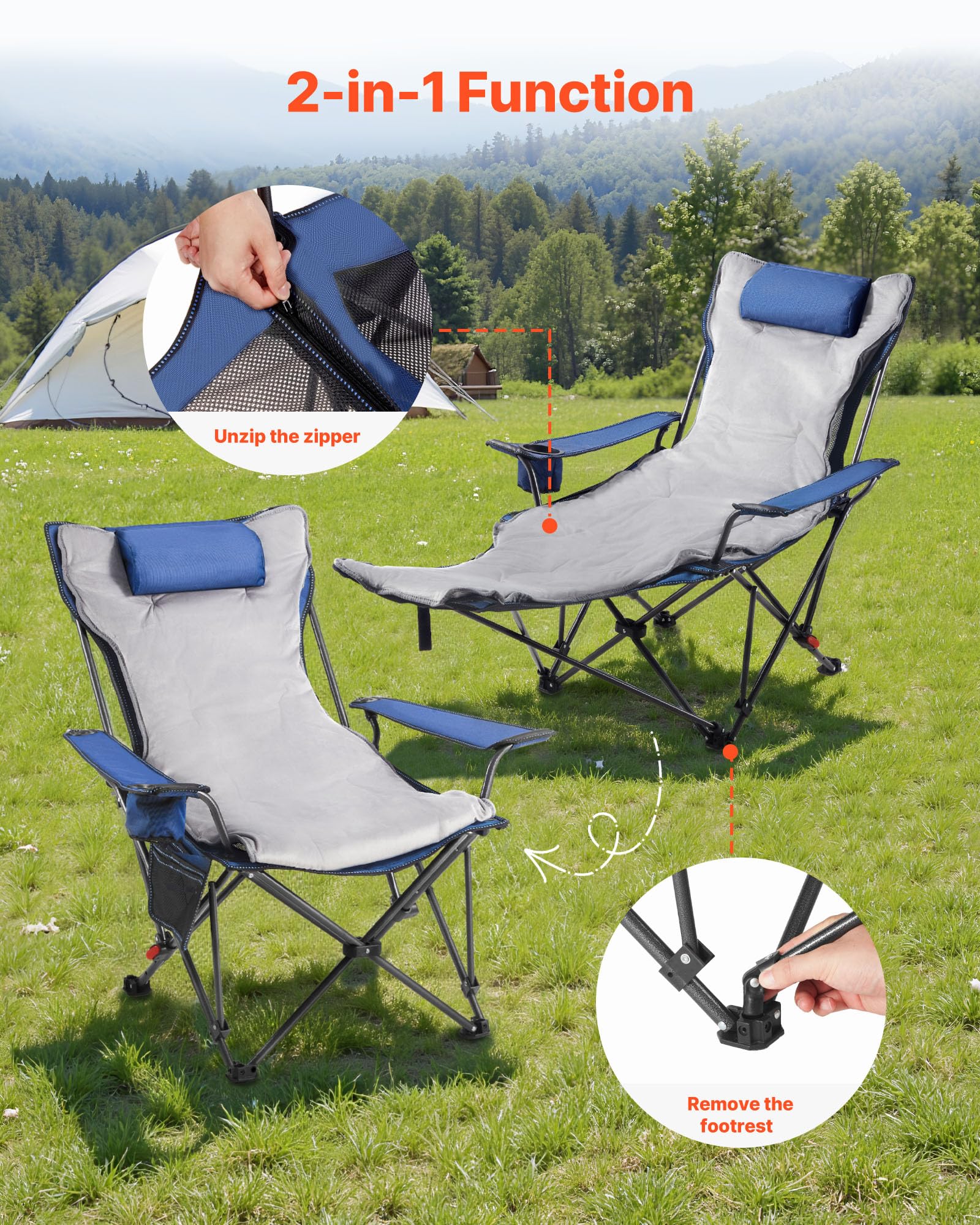 VEVOR reclining camping chair side pocket with cup holder convenience.