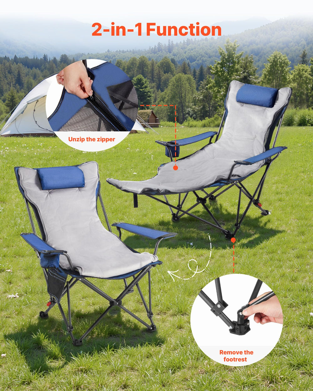 VEVOR reclining camping chair side pocket with cup holder convenience.