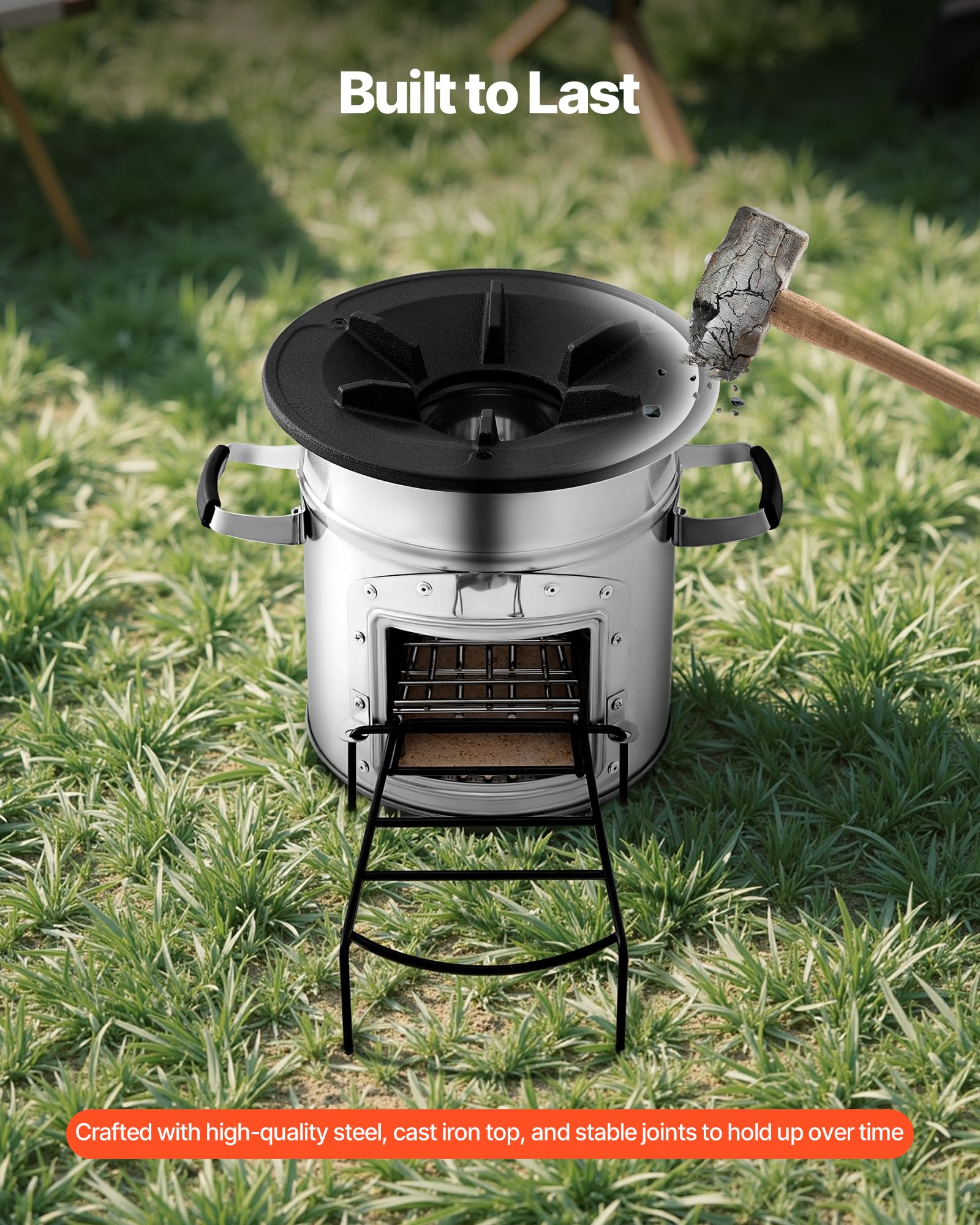 VEVOR rocket stove cast iron top ensures even heat for pots and pans.