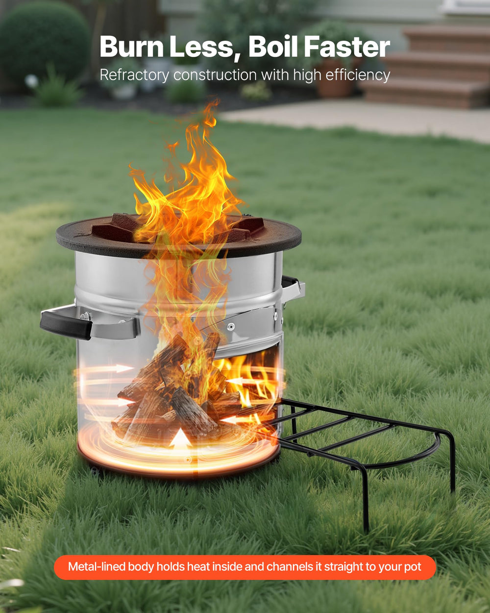 VEVOR rocket stove in use with flames for outdoor cooking.