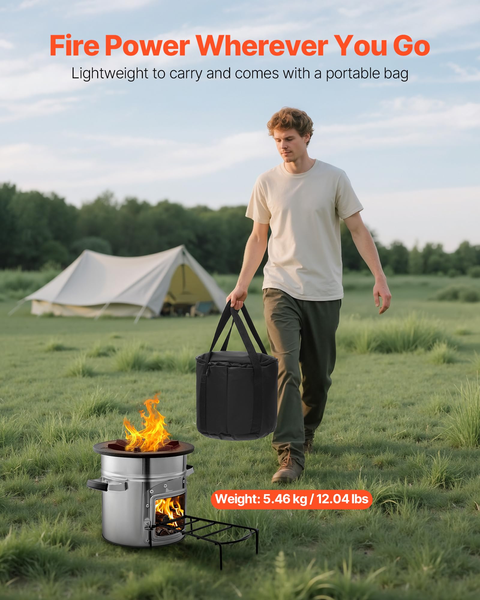 VEVOR rocket stove wood fuel option flexibility for forest trips.