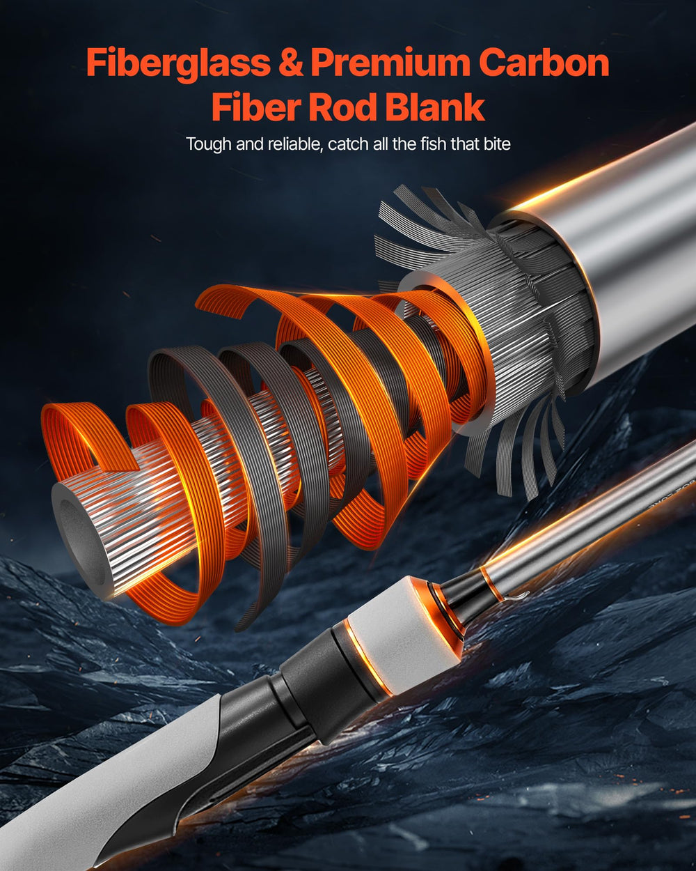 VEVOR fiberglass-carbon blend delivers lasting durability on the rod.