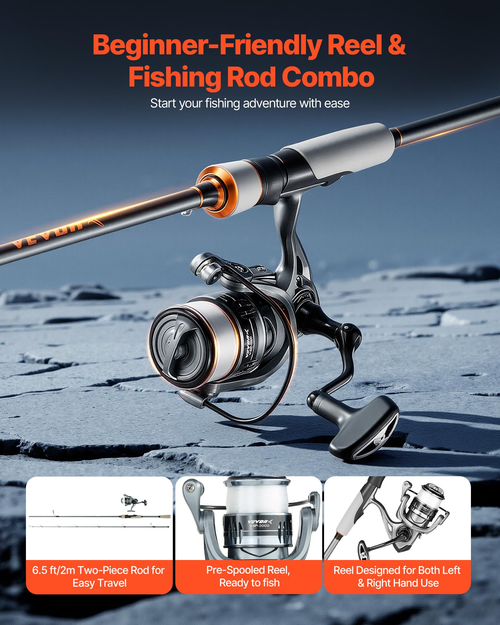 VEVOR reel shown with pre-spooled line for quick on-water starts.