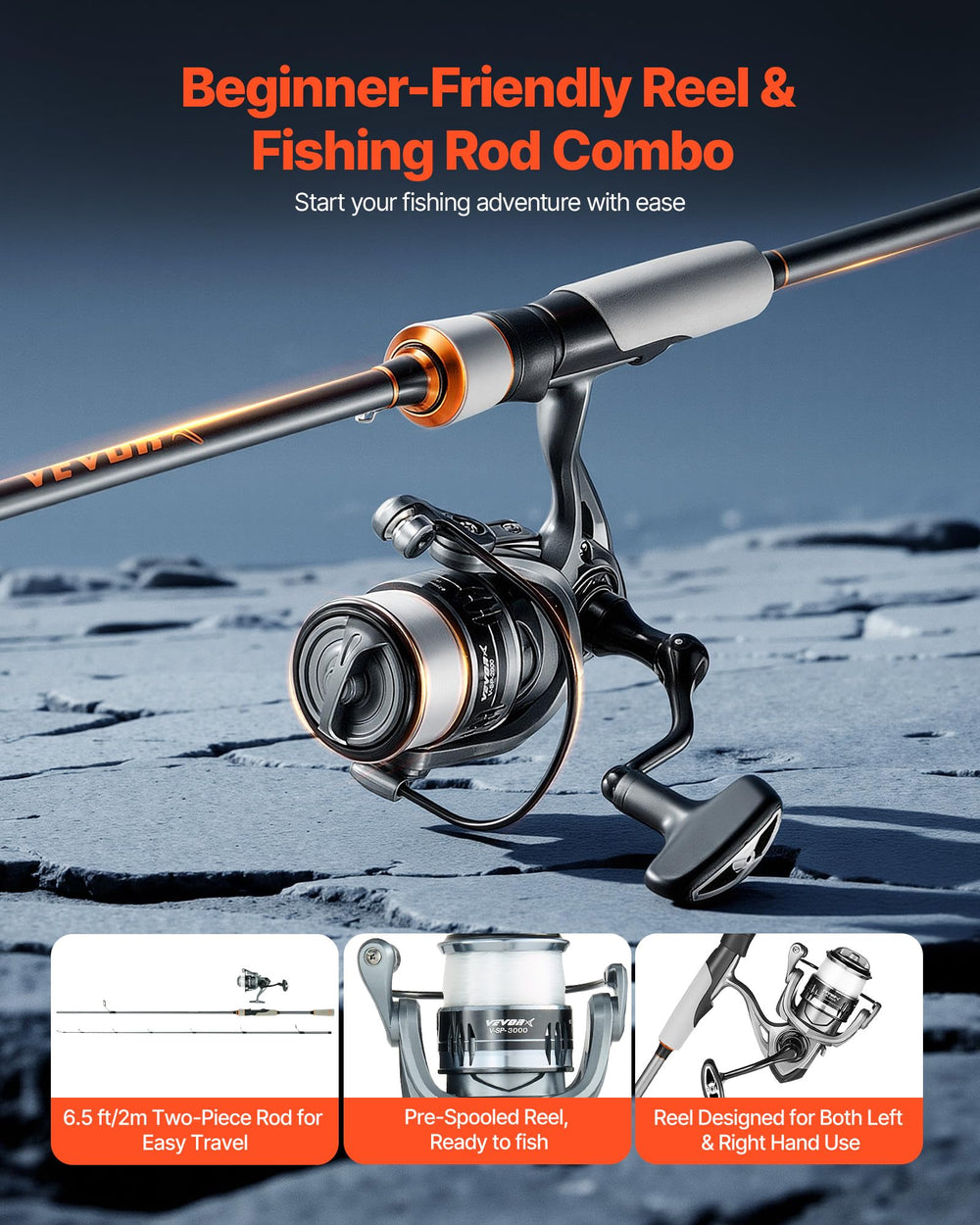 VEVOR reel shown with pre-spooled line for quick on-water starts.